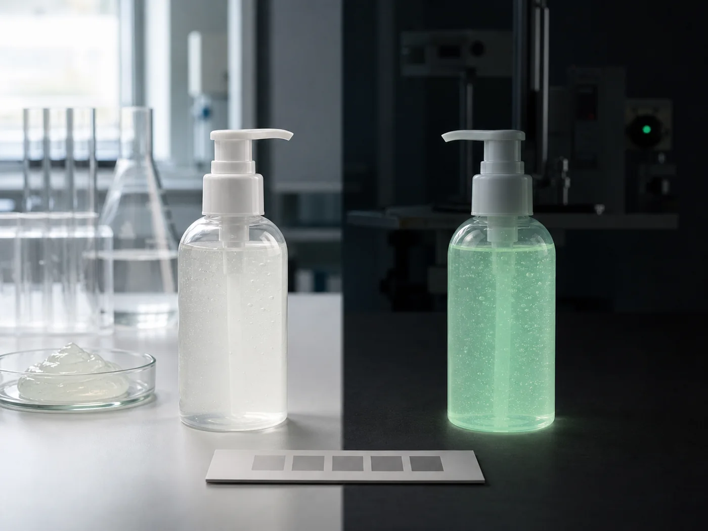 External-use glow-effect lubricant concept shown under normal laboratory light and controlled darkness