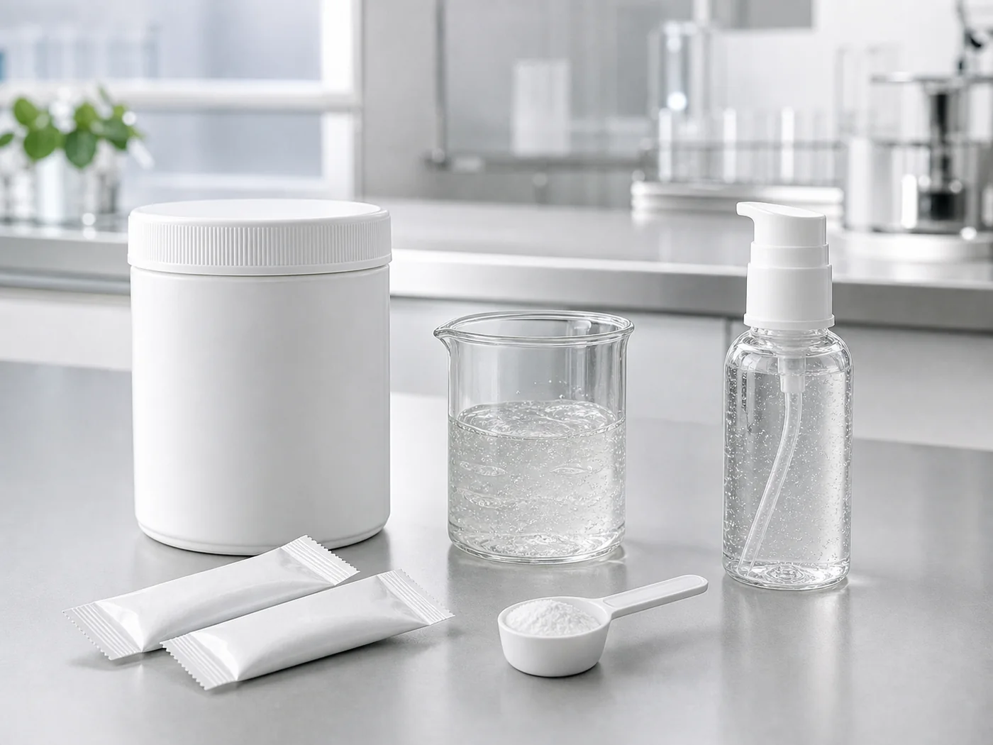Powder lubricant concentrate sachets, dry powder jar and mixed clear gel on a formulation laboratory bench