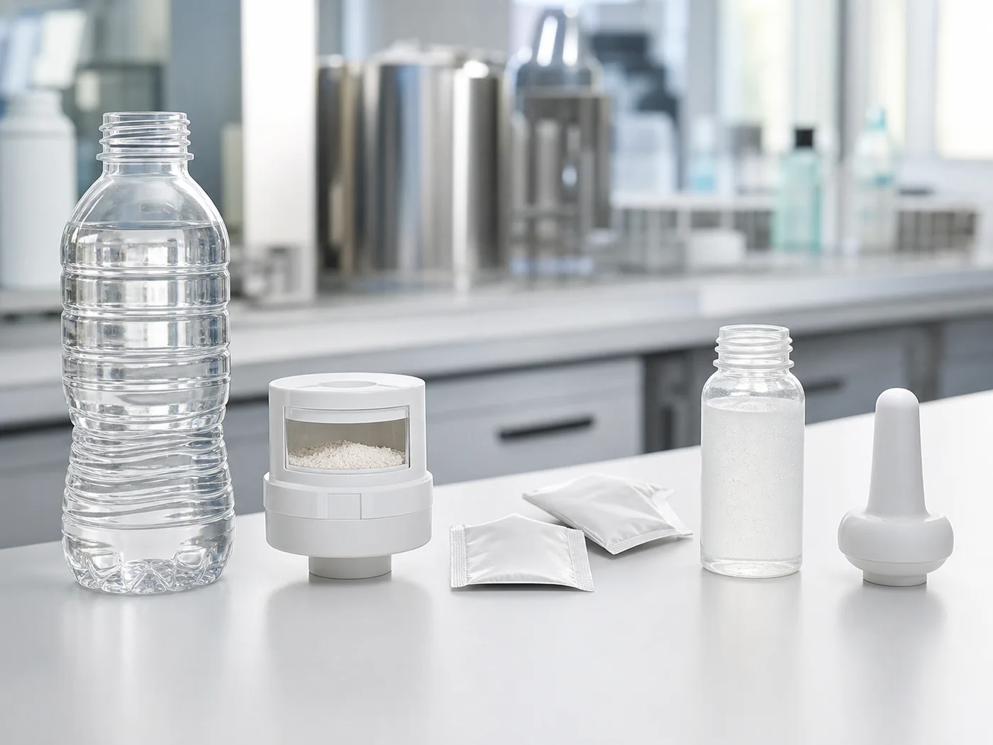 Portable powder-to-rinse development components with water bottle, metered powder cap, sachets and applicator prototype