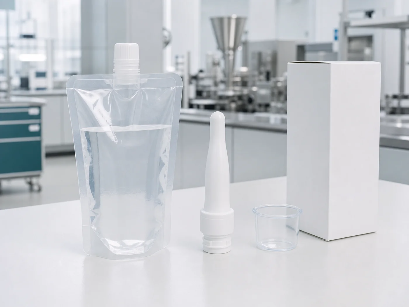 Ready-to-use pre-intimacy rinse pouch, smooth applicator prototype and blank private-label carton
